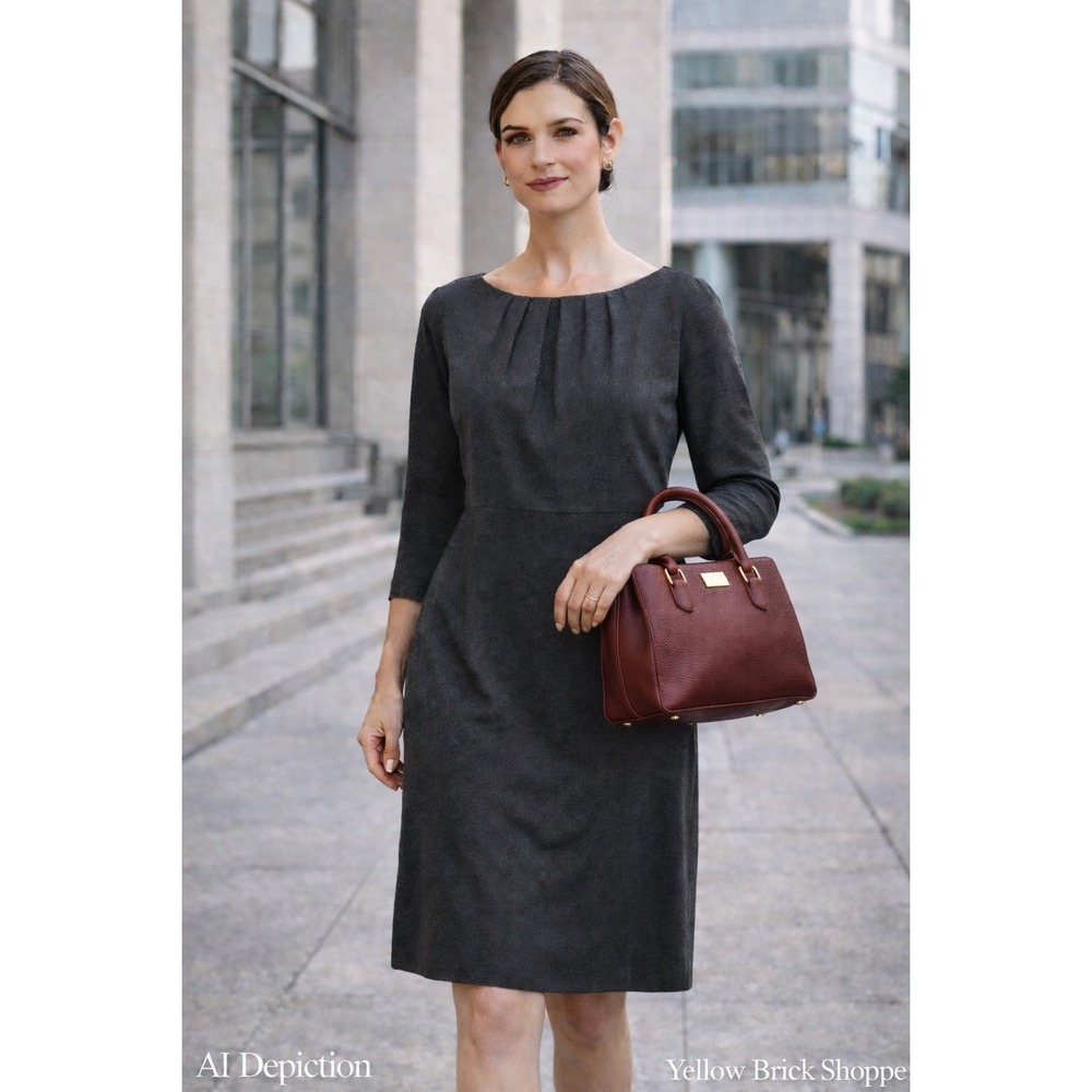 Trina Turk Dark Grey Pleated Neckline 3/4 Sleeve Knee Length Dress M 6-8‎